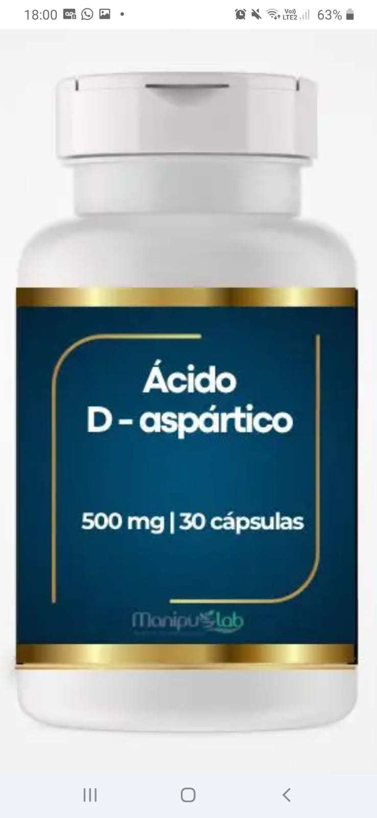Ácido D-Aspártico 500mg — Testosterona, Massa Muscular e Libido | Manipulab