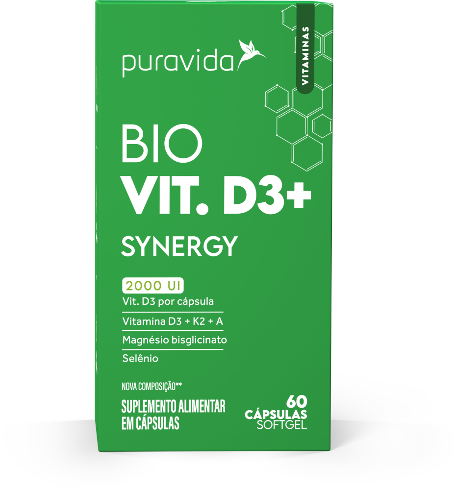 Bio Vit. D3+ Synergy – 2000 UI Vitamina D3 + K2 + A + Magnésio + Selênio | Puravida 60 Cápsulas