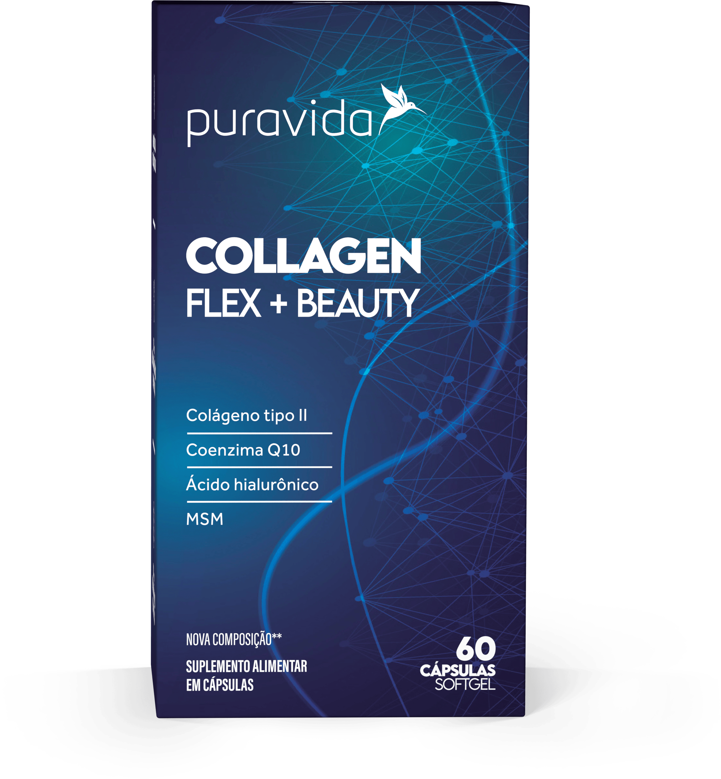 Collagen Flex + Beauty – Colágeno Tipo II + Ácido Hialurônico | Puravida 60 Cápsulas